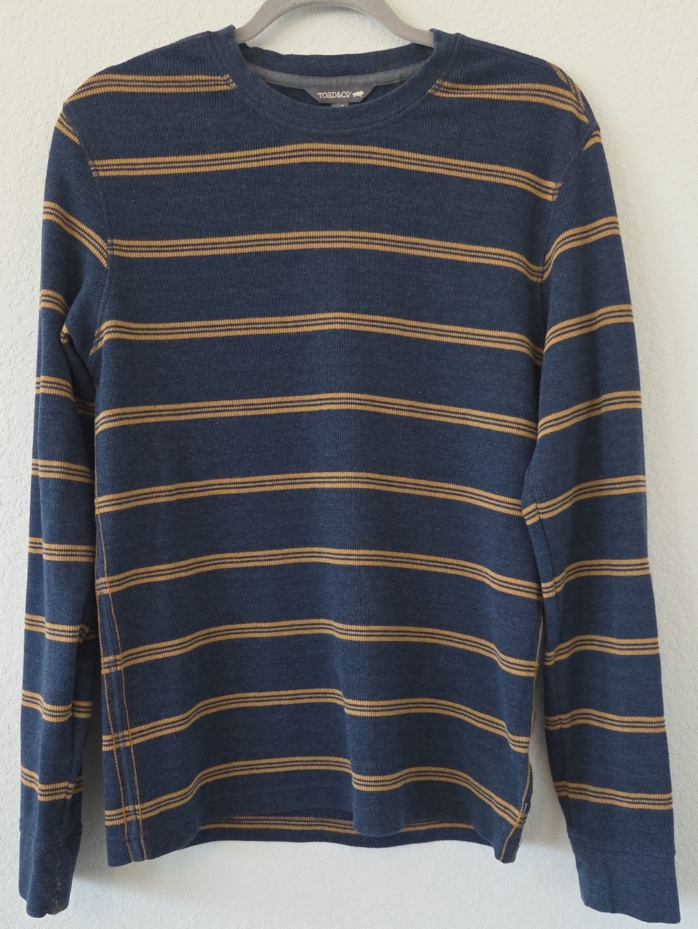 Toad&Co Blue Crewneck Sweater Henley Tan Stripes Organic Cotton Long Sleeve Warm